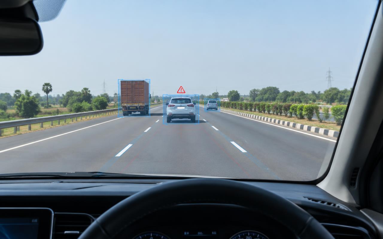 Road view from a vehicle camera with driver assistance detection overlays