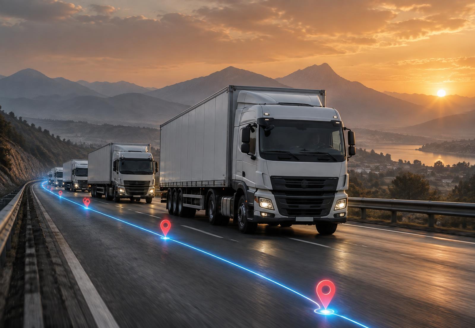 Commercial truck fleet on a highway with a GPS route line overlay
